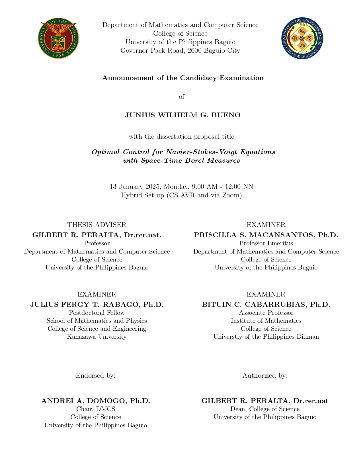 Candidacy Examination of Junius Wilhelm G. Bueno