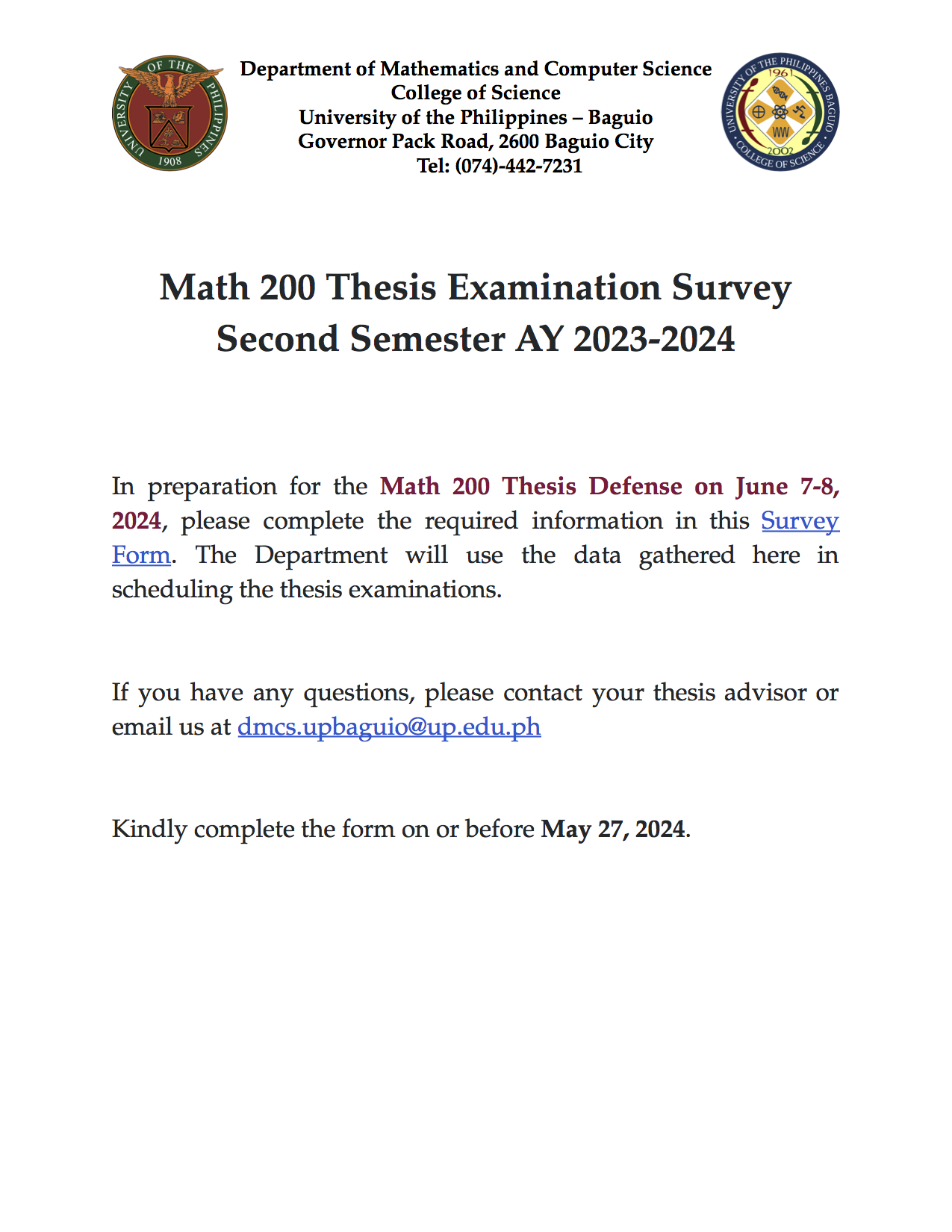 Math 200 Thesis Examination Survey Second Semester AY 2023-2024